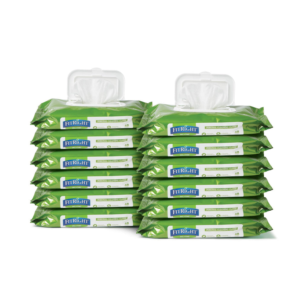 Medline FitRight Aloe Personal Cleansing Cloth Wipes, Scented, 576 Count, 8 x 12 inch Adult Large Incontinence Wipes