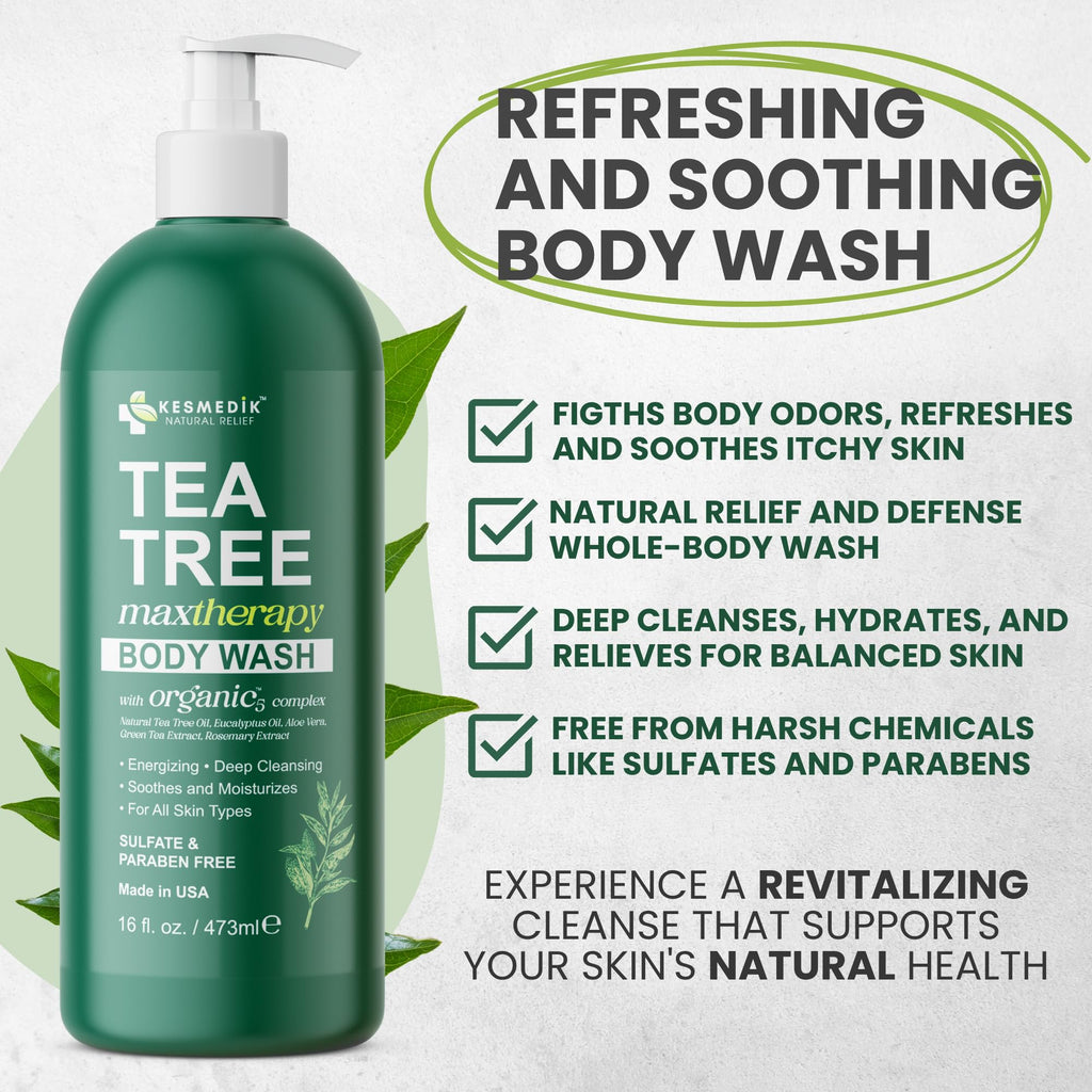 KESMEDIK Tea Tree Body Wash MaxTherapy, Itchy Skin Relief Soap, Soothes Jock Itch, Athlete's Foot, Acne, Eczema, Psoriasis & Sensitive Skin, Intimate Wash, Men & Women, 2-Pack, Original Edition