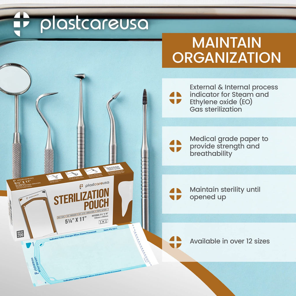 1000 5.25 x 10 Self Sealing Sterilization Pouches - Autoclave Sterilizer Bags Pouch for Sterilizing Dental Medical Instruments and Cleaning Tools - Latex-Free, Color Changin Indicator by PlastCare USA