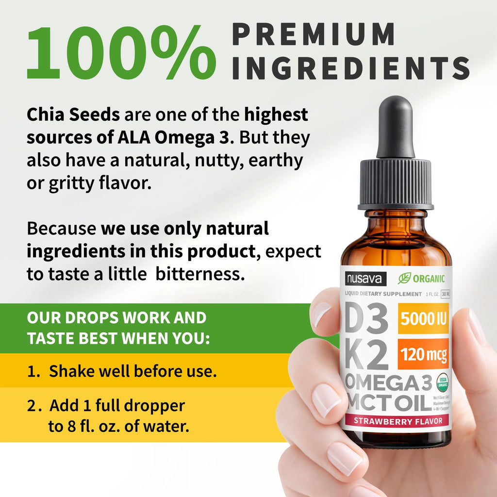 (2 Pack) Organic Vitamin D3 K2 Drops 5000 IU with MCT Oil Omega 3 - Maximum Strength Liquid D3 with No Fillers, Non-GMO for Faster Absorption, Immune Support (Strawberry, 2 Fl Oz)