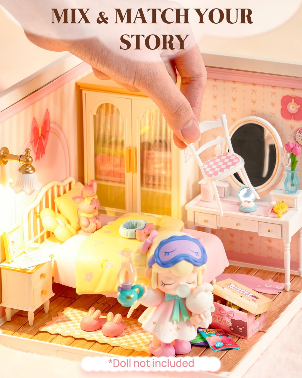Rolife Super Creator Series, DIY Mini Lovely Pink Bedroom Dollhouse House Kit, Bulid Scenary for Action Collectible Figures, Creative Gifts for Women Kids Adults