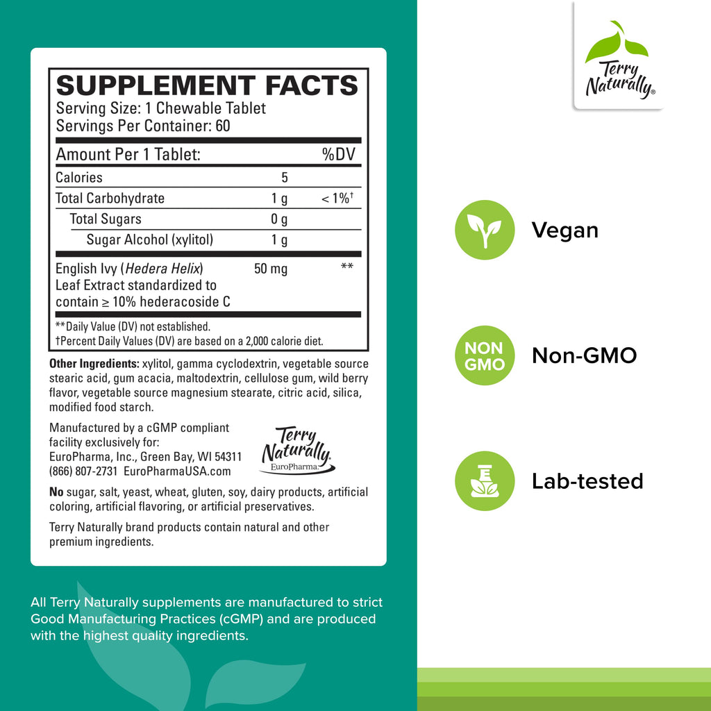 Terry Naturally Bronchial Clear Ivy Leaf Extract Chewable - Lung & Respiratory Health Support Supplement - Dietary Supplement with English Ivy Leaf Extract - 60 Chewable Tablets (60 Servings)