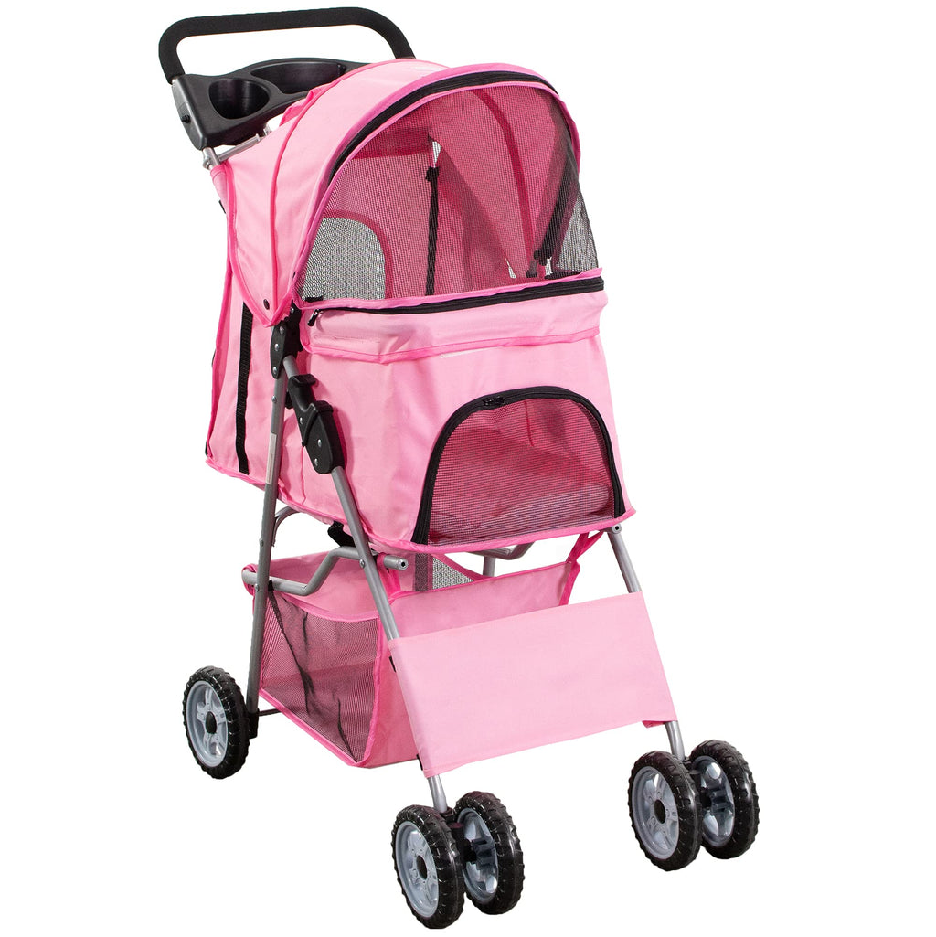 VIVO Pink 4 Wheel Pet Stroller for Cat, Dog and More, Foldable Carrier Strolling Cart, STROLR-V001N