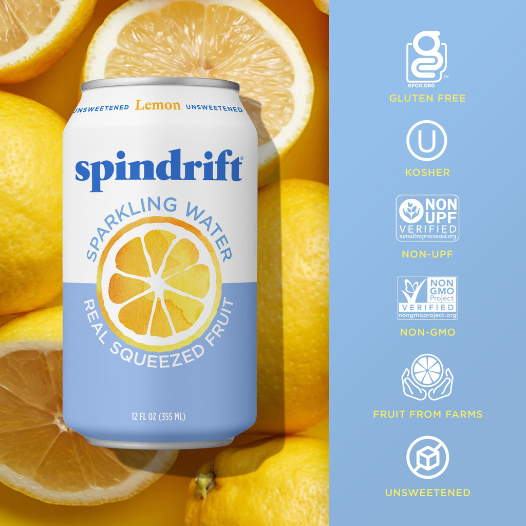 Spindrift Sparkling Water, Lemon Flavored, Made with Real Squeezed Fruit, 12 Fl Oz Cans, Pack of 24 (Only 3 Calories per Can)