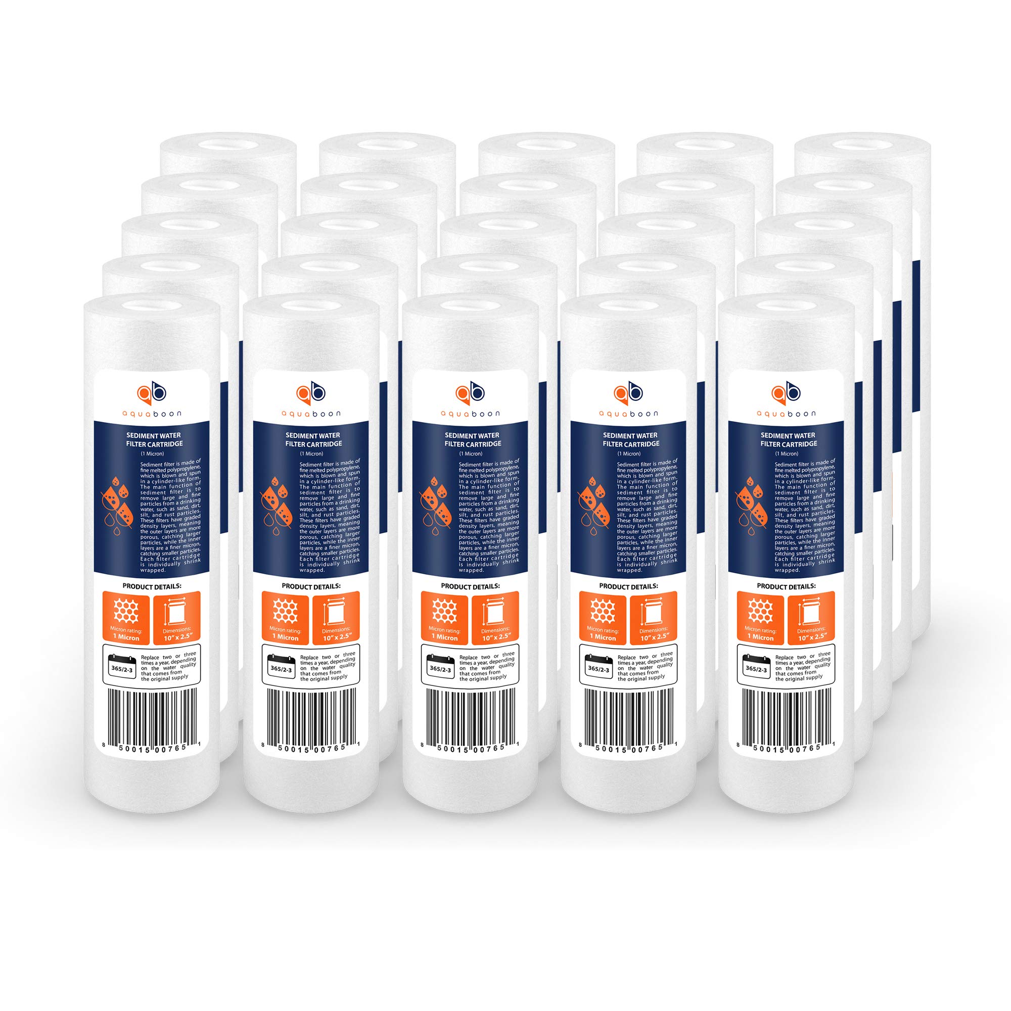 Aquaboon 1 Micron Whole House Sediment Filter 10 x 2.5 for RO & Well Water Filters Replacement Cartridges Compatible with AP110, WHKF-GD05, 25 Pack
