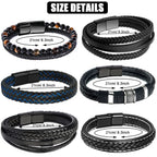 RIOSO 6 Pieces Mens Leather Bracelet Stainless Steel Multi-layer Braided Black Leather Bracelets for Men