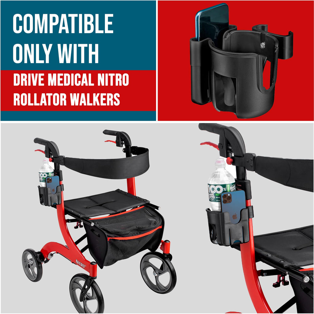 Clip-On Cup and Phone Holder – Exclusively Designed to be Compatible with Drive Medical Nitro Rollator Walkers