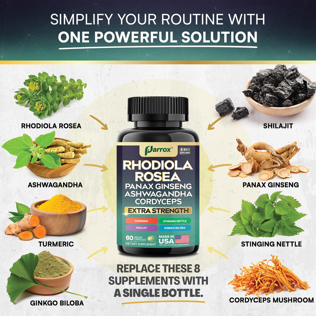 Rhodiola Rosea Adaptogen Supplement, Panax Ginseng & Ashwagandha, 2 Pack