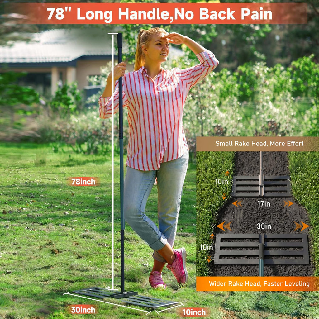 Lawn Leveling Rake, 30x10 Stainless Steel Leveler with 78" Handle