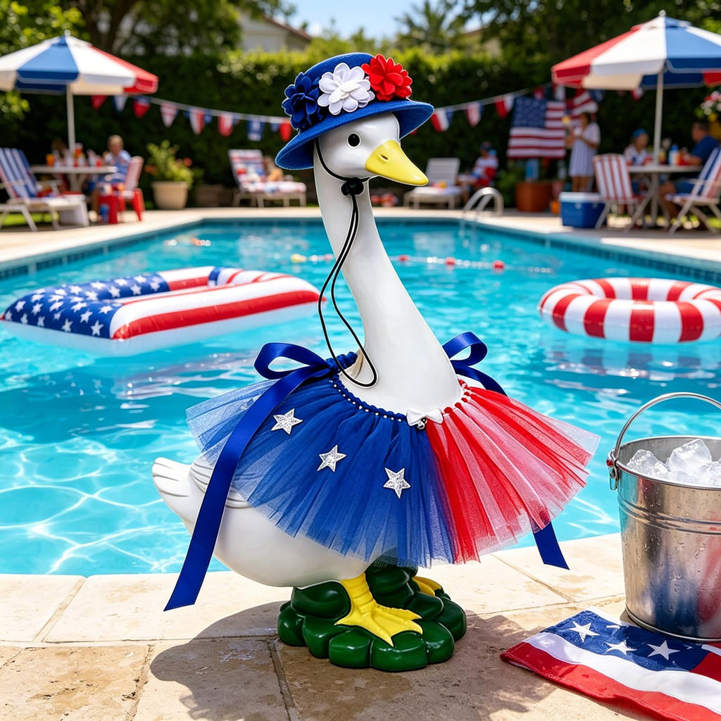 250 Anniversary 4th of July Porch Goose Outfits, 2-Piece Flower Hat Star Skirt for 17" & 23" Lawn Goose Decor, Independence Day Lawn Goose Costume for Garden Resin Porch Goose Decorations