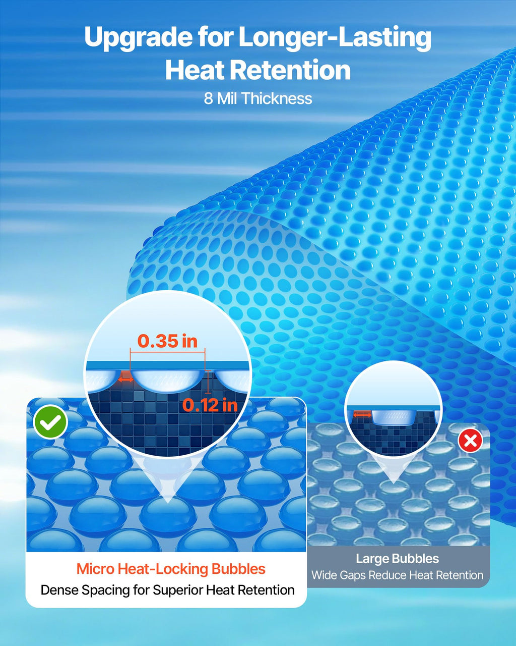 VEVOR Solar Pool Cover, 24 ft Round Pool Bubble Cover, 8 Mil Pools Solar Blanket with Bubble & PE Material, Daytime Heat Absorption, Nighttime Heat Retention, Heat Retaining Solars Covers, Blue