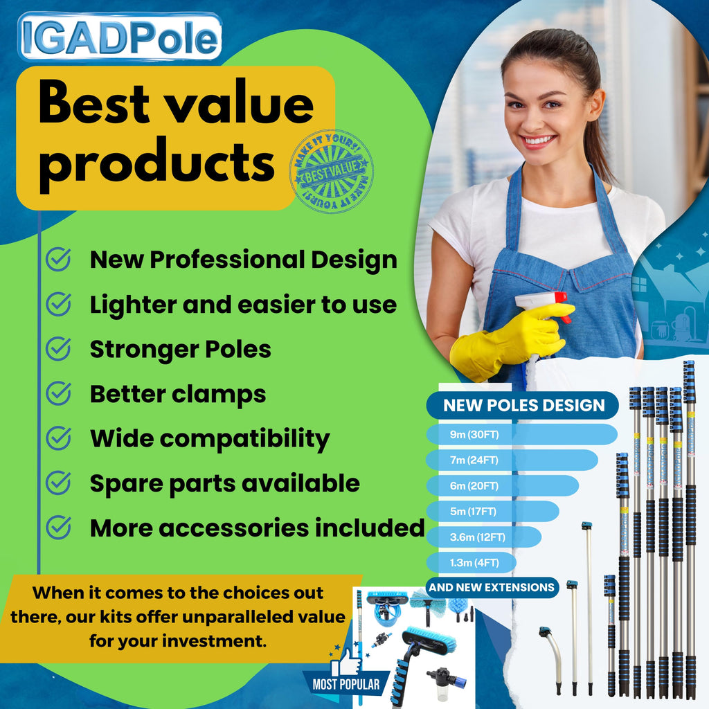 IGADPole 12 FT Water-Fed Washing Kit with Soap-Dispenser, Brush, 10″ Squeegee & Cobweb Duster for Windows, Gutters, Solar Panels & Exterior Walls