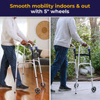 Drive Medical Trigger Release Folding Walker - Lightweight Brushed Steel Design - Easy Trigger Folding Mechanism - 5 Inch Wheels - Contoured Hand Grips - Senior Mobility Aid