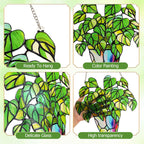 Stained Glass Plant Suncatcher Window Hanging, Marzovitra 10 Inch Real Glass Potted Green Leaves Sun Catcher with Chain Botanical Sun Catcher Window Decor for Home Garden, Plant Lover Gift