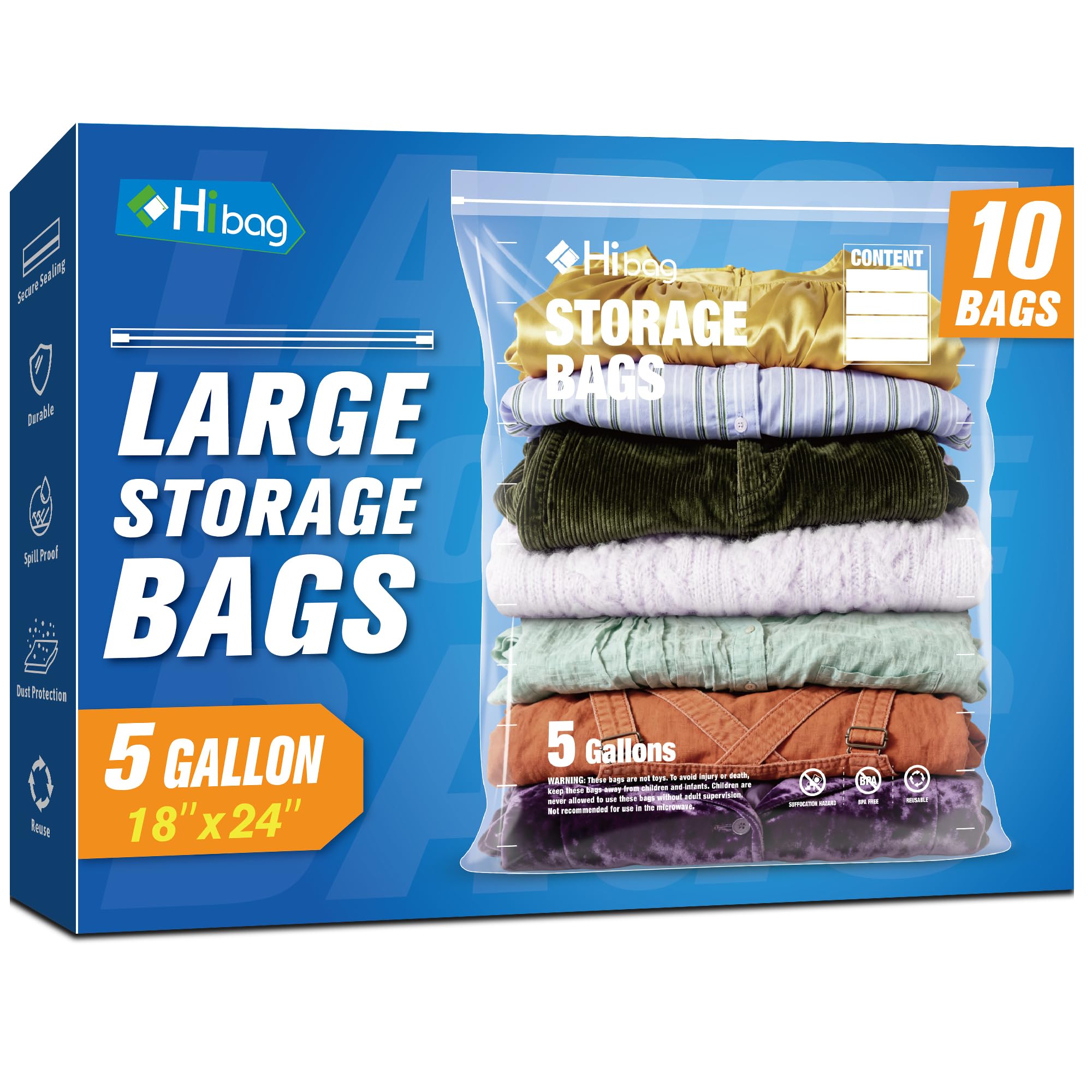 5 Gallon Extra Large Zippered Plastic Bags for Storage