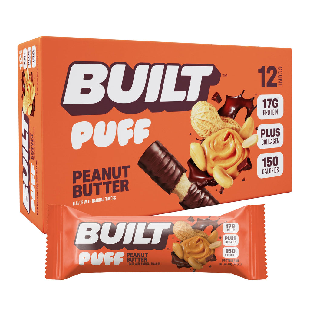 Built Puffs Bars, 12 Count Protein Bar - High Protein Energy Bars, Collagen, Gluten Free, Chocolate Covered, Low Carb, Low Calorie, Low Sugar, Delicious Protein, Healthy Snack (Peanut Butter)