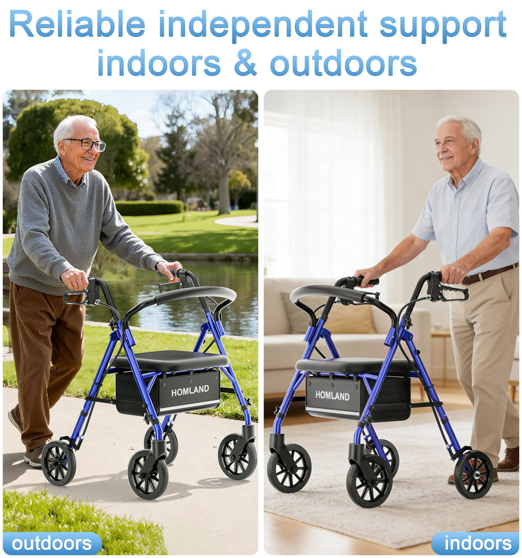 Walkers for Seniors with Seat, Lightweight 16 Pounds Folding Rolling Walker with 6-Inch Puncture-Resistant Wheel, 5-Level Height Adjustable, 300 lb Weight Capacity