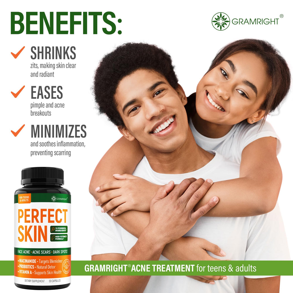 Perfect Skin Acne Pills - Clear Skin Supplement with Niacinamide, Probiotic, Zinc & Vitamin A - Anti Acne Vitamins for Teens, Men & Women - Support for Face & Back Acne, Acne Scars - 60 Capsules