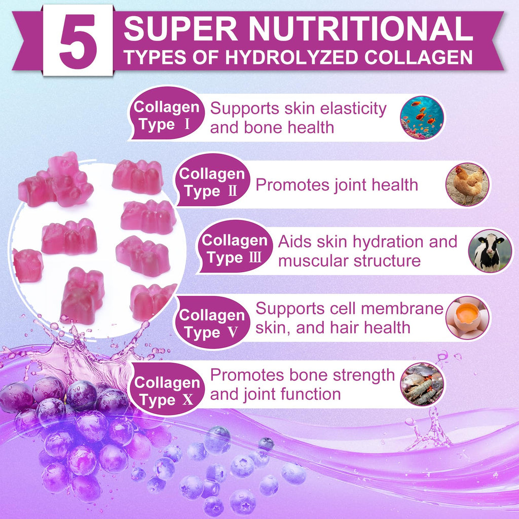 Nature's live Multi Collagen Peptides Gummies, Type I, II, III, V, X - Hydrolyzed Collagen Peptides Gummies, Supports Healthy Skin, Strong Nails & Thick Hair, Grape Blueberry Flavor, 60 Count