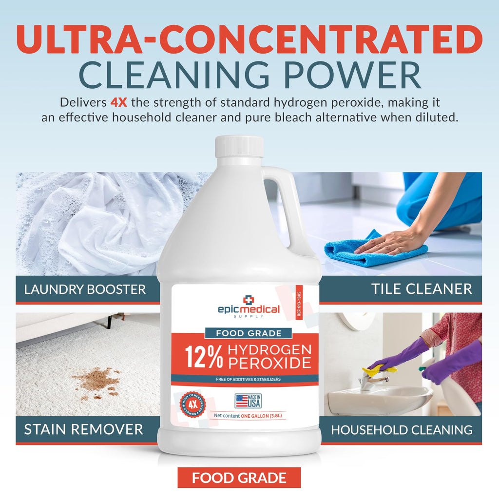 Epic Medical Supply 12% Food Grade Hydrogen Peroxide – Ultra-Concentrated H2O2 Peroxide Cleaner – 1 Gallon Bottle – Bleach Alternative for Household Cleaning, Laundry, Glass & More – Made in USA (2)