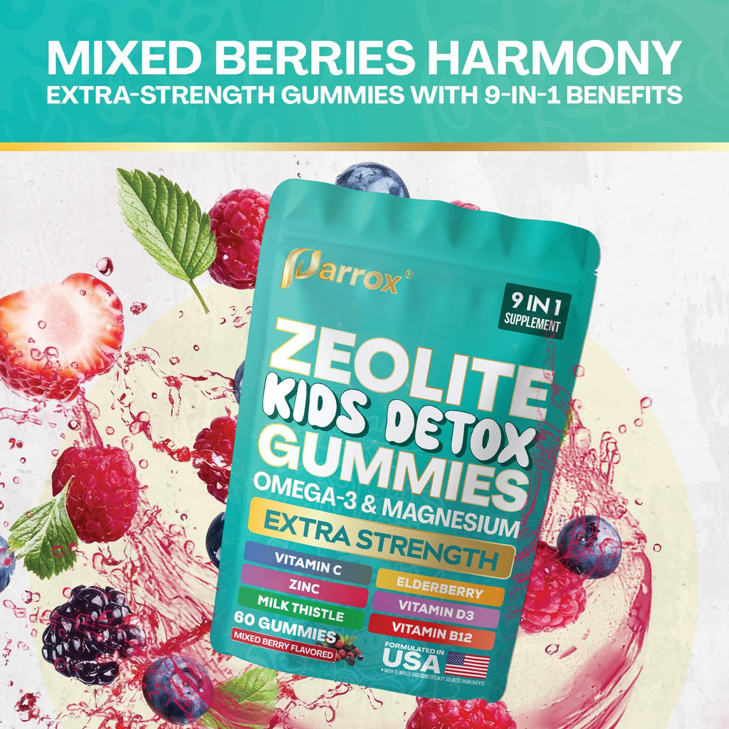 Parrox Zeolite Kids Detox Gummies, 9-in-1 Extra Strength with Zeolite, Omega-3, Magnesium, Elderberry, Vitamin C, Milk Thistle, Vitamin D3, Zinc, B12 – Sugar-Free (Mixed Berry Flavor - 2 Pack)