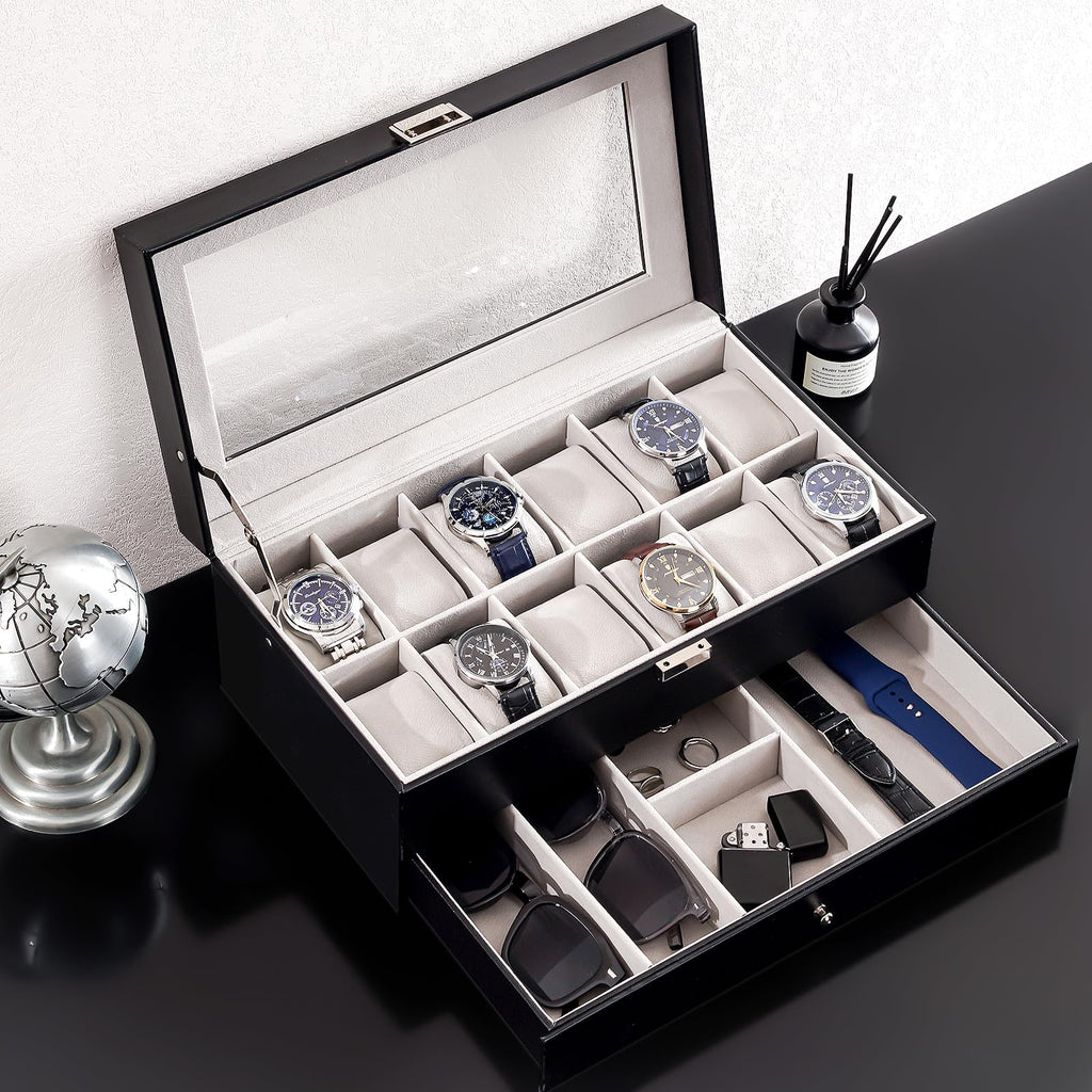 ProCase Watch Box, 12 Slot Watch Case for Men with Drawer, Black