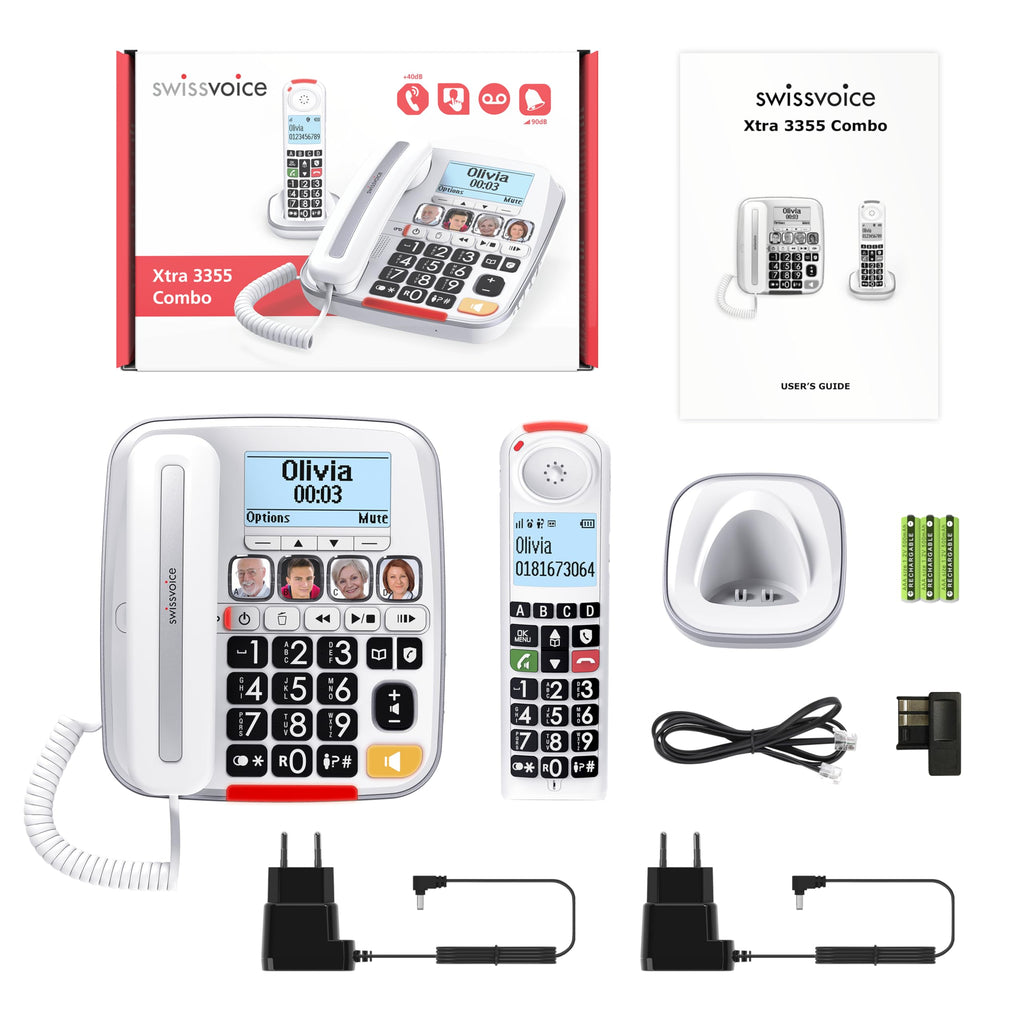 SWISSVOICE 3355 DECT 6.0 Corded Big Button Phone for Elderly with Answering Machine and Additional Cordless Handset - Loud Phones for Hard of Hearing - Hearing Aid Compatible Phones