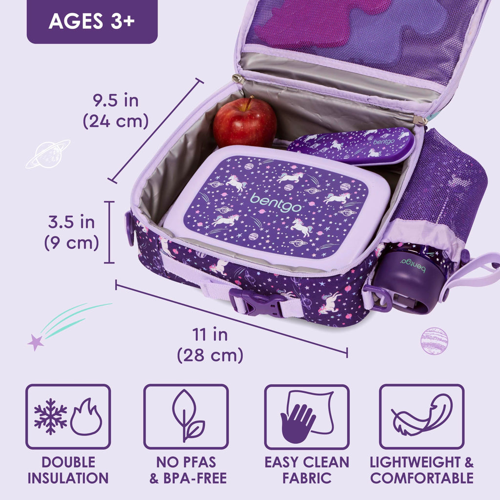Bentgo Kids Lunch Bag - Durable, Double-Insulated Lunch Bag for Kids 3+; Holds Lunch Box, Water Bottle, & Snacks; Easy-Clean Water-Resistant Fabric & Multiple Zippered Pockets (Unicorn)
