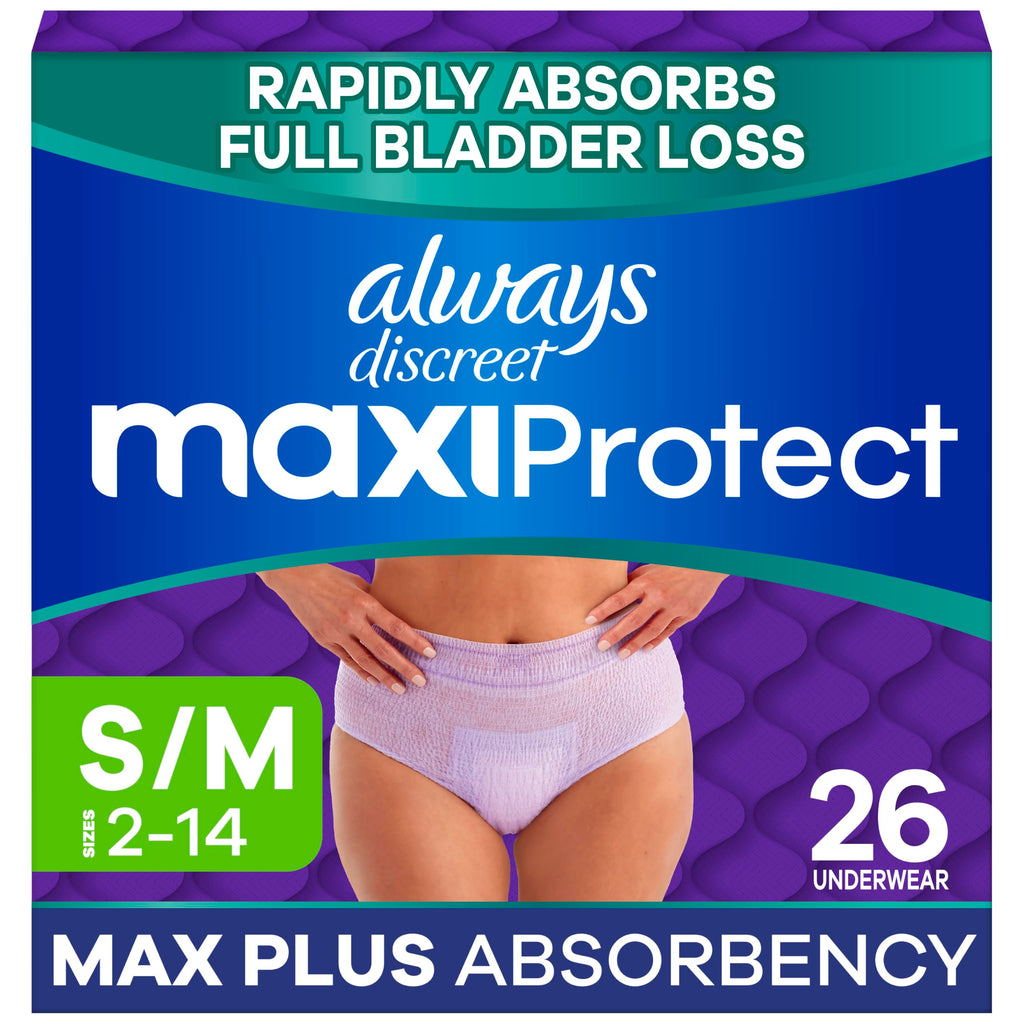 Always Discreet MaxiProtect Adult Diapers for Women, Incontinence Underwear, Scented, Postpartum Essentials, Bladder Leak Protection, Disposable Briefs, Maximum Plus Absorbency, Size S/M, 26 Count