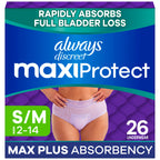 Always Discreet MaxiProtect Adult Diapers for Women, Incontinence Underwear, Scented, Postpartum Essentials, Bladder Leak Protection, Disposable Briefs, Maximum Plus Absorbency, Size S/M, 26 Count