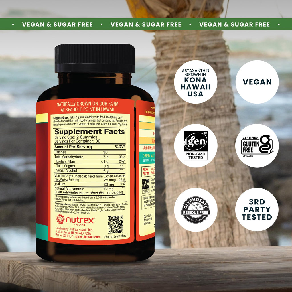 Nutrex Hawaii BioAstin Hawaiian Astaxanthin - Vegan - 12mg High Potency, 60 Citrus Gummies - Antioxidant Support for Skin & Immune Health - Premium Microalgae Grown in Kona - Non-GMO & Gluten-Free