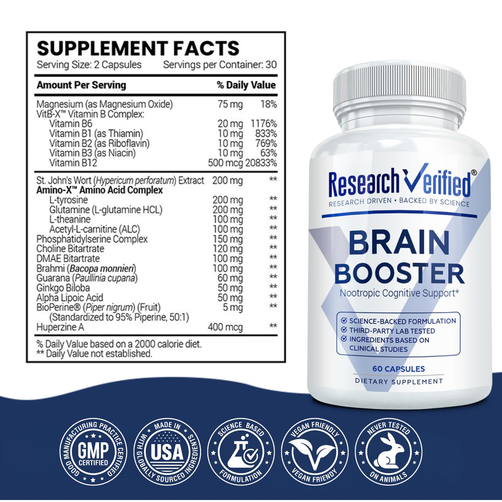 Research Verified Brain Booster - Brain Supplement for Memory and Focus, Nootropic Supplement for Cognitive Support - 180 Vegan Capsules - 3 Bottles