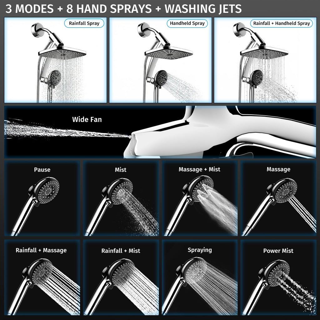 11.8'' High Pressure Rain Shower Head Combo, Upgrade Shower Heads with 9 Sprays Handheld Shower, Adjustable Detachable Dual Showerheads Built-in Magnetic Docking & Power Jets, Bathroom Decor, Chrome