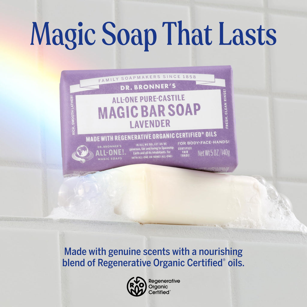 Dr. Bronner's Pure-Castile Magic Soap Bars (Lavender, 5 oz, 6-Pack)- Bath Soap with Regenerative Organic Certified Oils- For Face, Body & Hair - Gentle, Biodegradable, Vegan- Bar Soaps for Men & Women