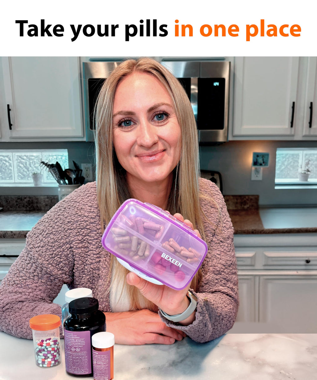 Travel Pill Organizer – Moisture-Proof Medicine Pill Organizer with Labels, 8 Compartment Pill Box Case for Vitamins & Supplements, Portable Pocket Pharmacy (Purple)