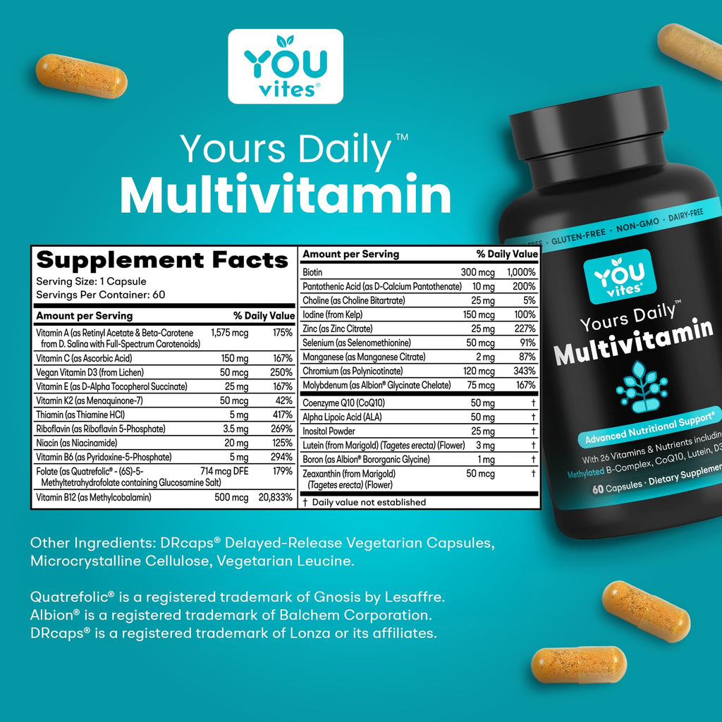 You Vites - Methylated Multivitamin for Men and Women, Methyl Multi Without Iron - 60 Capsules, MTHFR Supplement with Methyl B12, Methylfolate (5-MTHF), CoQ10 for Energy, Heart and Mood Support