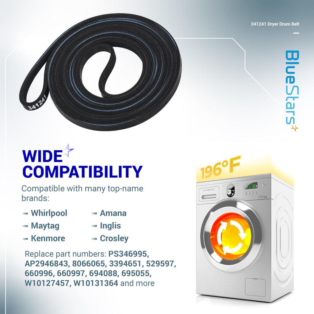 BlueStars 341241 Dryer Drum Belt - Compatible with Whirlpool Kenmore Dryers - Replaces 8066065 AP2946843 W10127457 PS346995 14210003 31531589 31001026 3394651 529597 - Pack of 4