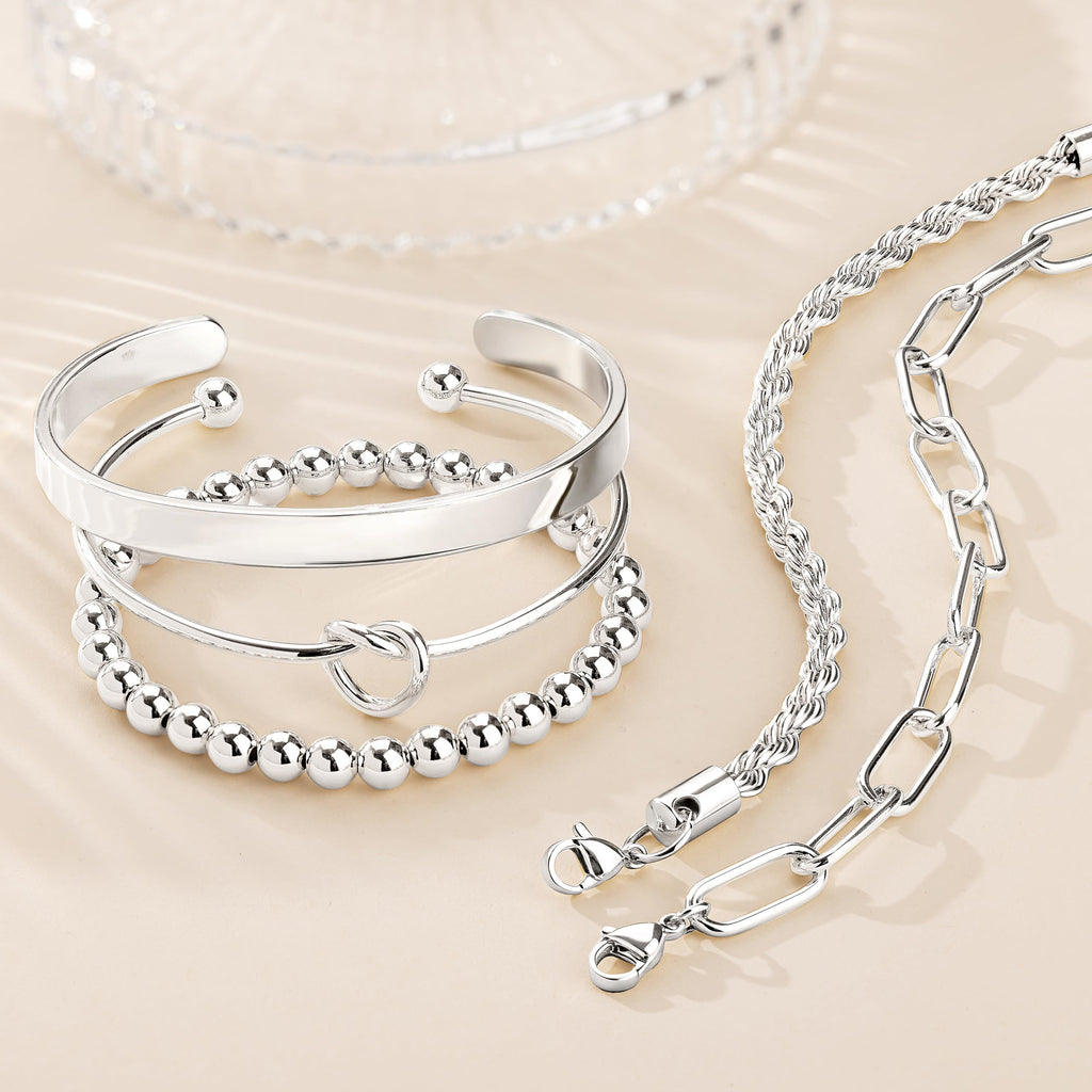 Gokeey Silver Cuff Bracelets for Women,Dainty Silver Bangles Bracelets Set for Women, Paperclip Link Chain Rope Beaded Tie Knot Bracelets Stack Chunky Jewelry