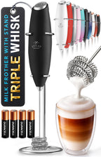 Zulay Kitchen Powerful Milk Frother Wand With Duracell Batteries - Ultra Fast Handheld Drink Mixer - Electric Whisk Foam Maker for Coffee, Lattes, Cappuccino & Matcha - Triple Whisk - Black