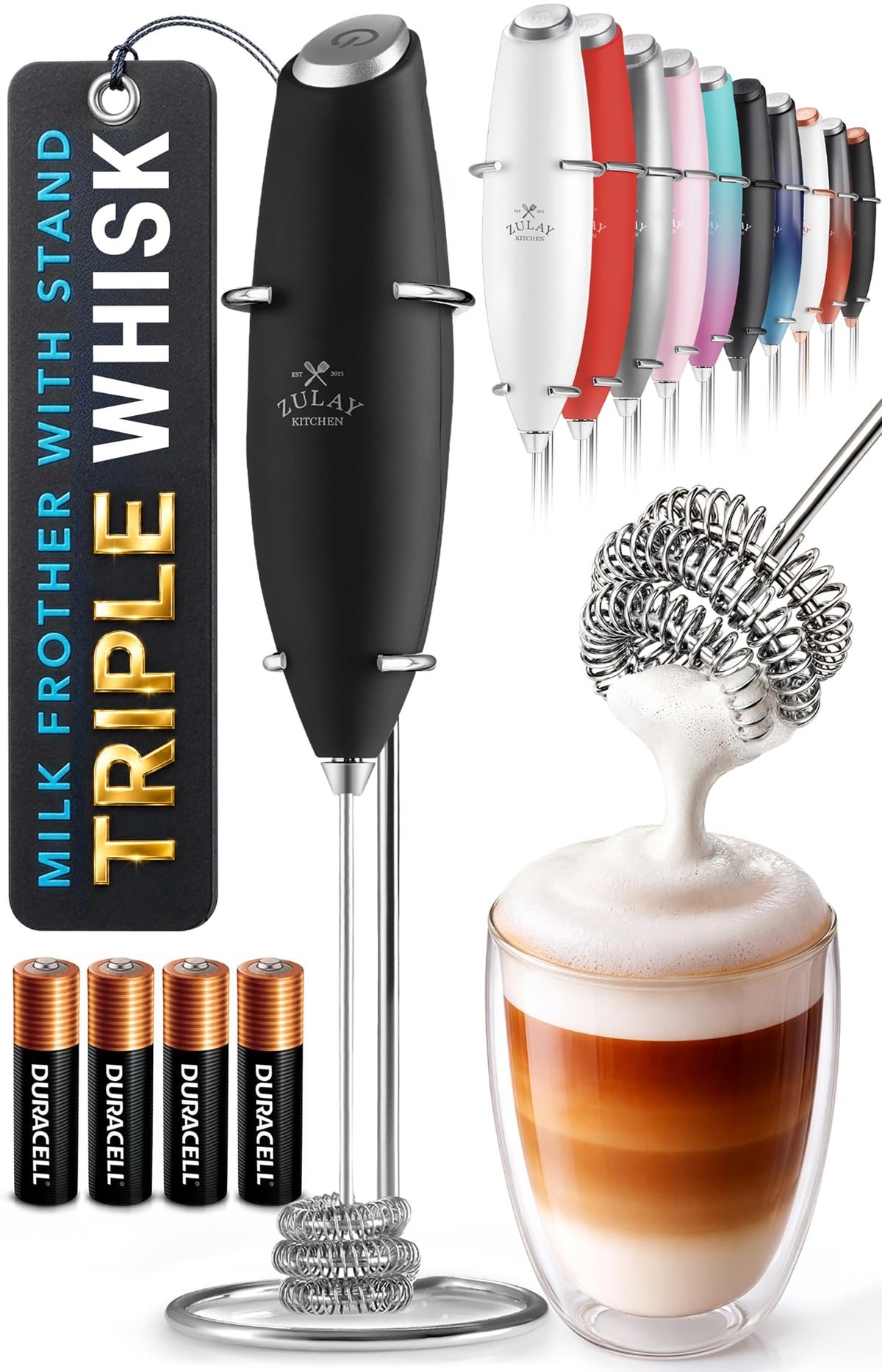 Zulay Kitchen Powerful Milk Frother Wand With Duracell Batteries - Ultra Fast Handheld Drink Mixer - Electric Whisk Foam Maker for Coffee, Lattes, Cappuccino & Matcha - Triple Whisk - Black