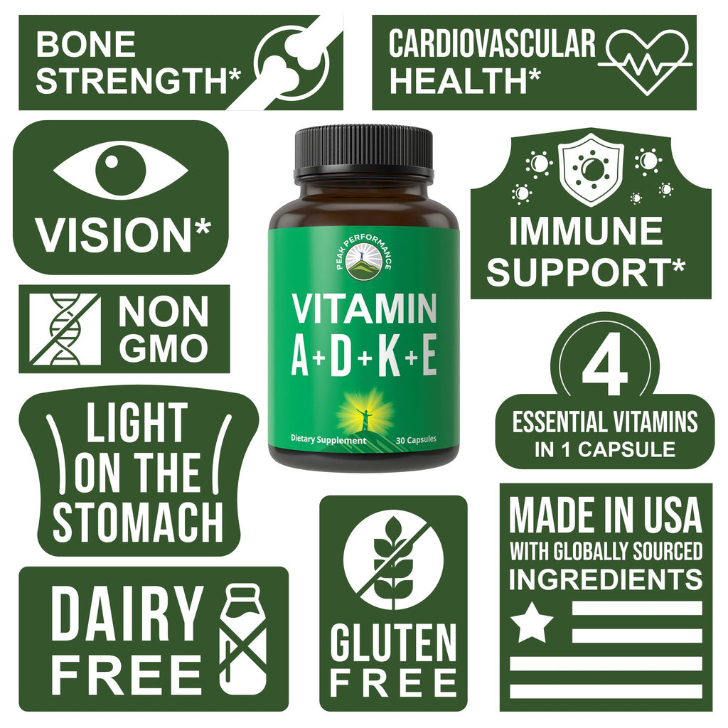 Peak Performance Vitamins D 5,000 iu + A + K + E All in 1 Easy to Swallow Vegan Capsule. ADK Vitamin Supplement with E D3 K2. Essential Vitamins for Mood, Immune, Bone, Vision, Heart