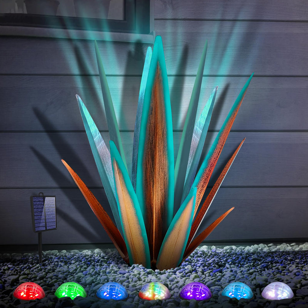 KODIBO 24" Large Metal Agave Plant Outdoor Decor with Solar Light, Blue