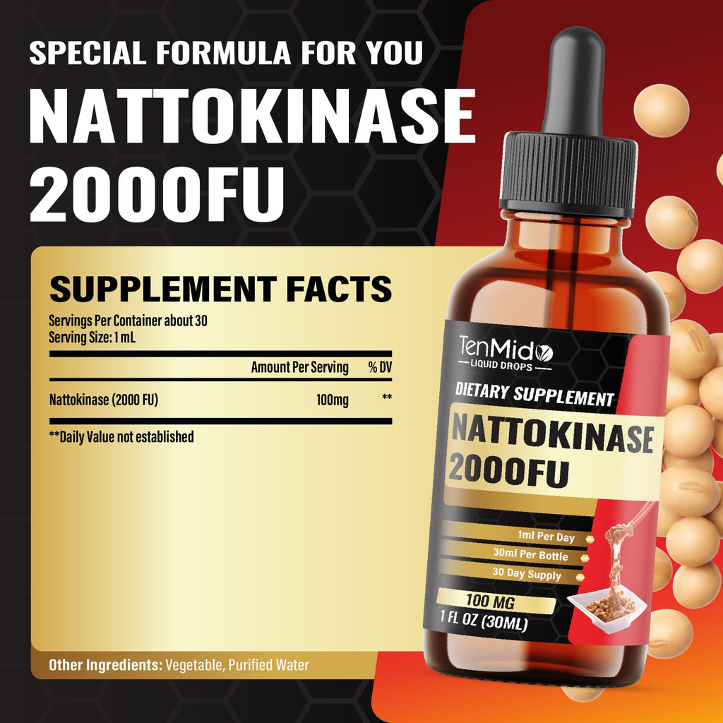 Tenmido Nattokinase Supplement Liquid Drops | Nattokinase 2000 FU | High Absorption | Alcohol-Free | Vegan, Non-GMO | 30ml 1Fl Oz