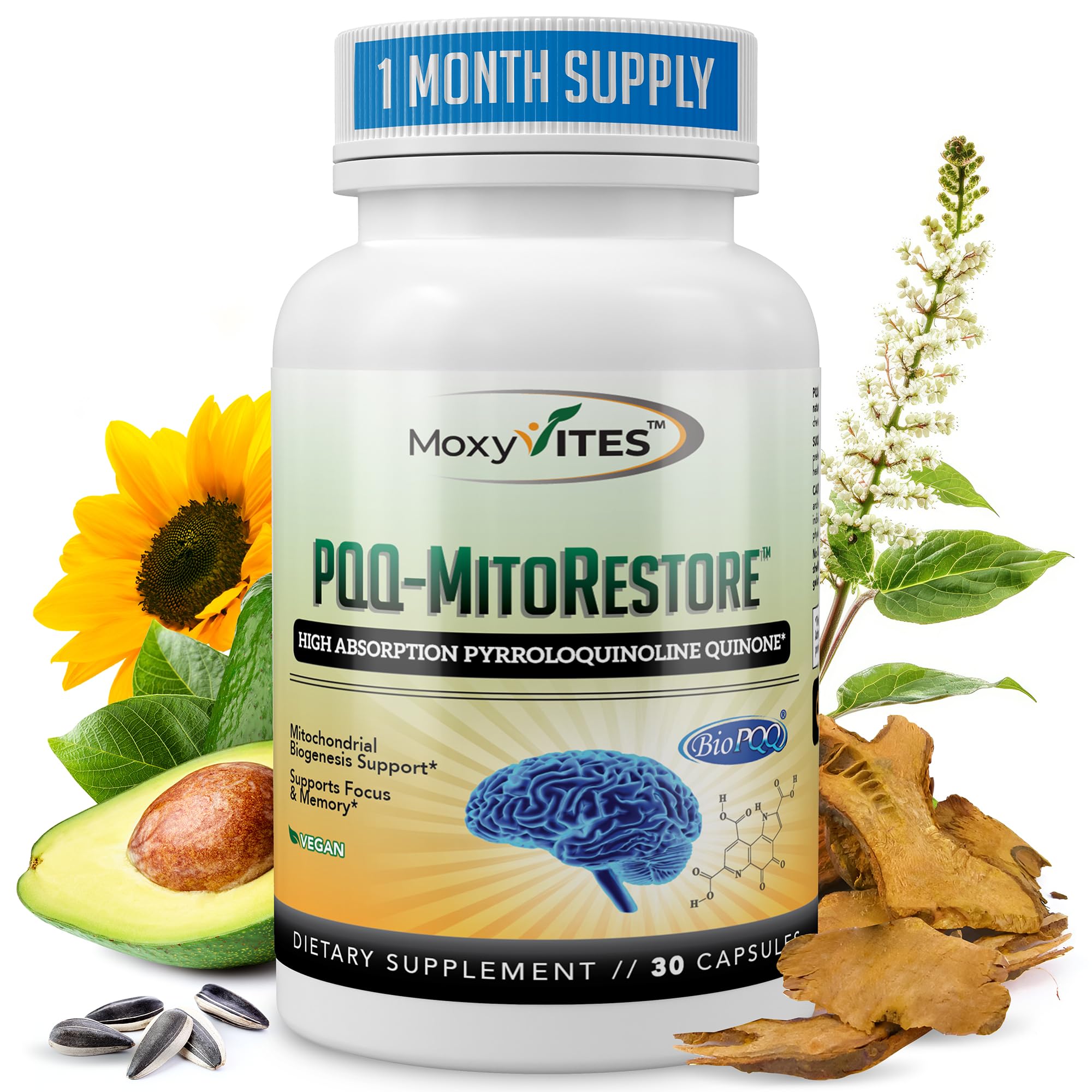 PQQ MITORESTORE Brain Supplements for Memory and Focus - Mitochondria Supplement with BioPQQ 20mg - Purest Form NOT Chemically Synthesized, Cognitive and Heart Support - 30 Vegan Capsules, Non GMO