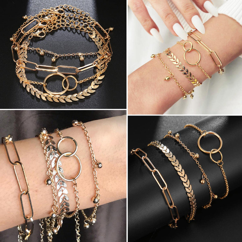 17IF 25 PCS(6 Pack) Dainty Boho Gold Chain Bracelets Set for Women Stackable Chunky Multipack Layered Bangles Adjustable Flat Cuff Cuban Punk Charm Bracelet Bundle Jewelry