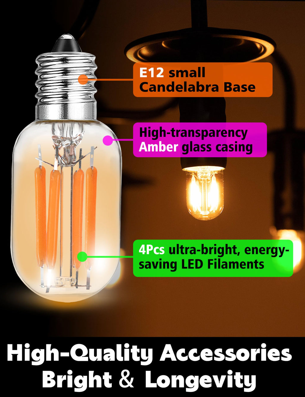 LED Night Light Bulbs E12 Salt lamp Bulb 2w 200lm, 15W-20W Equivalent, 2200k Warm Amber Sleep Light Bulb,T22 E12 Candelabra Base for String Light Decorative Bulb Chandeliers Bedside Bulbs (4Pack)