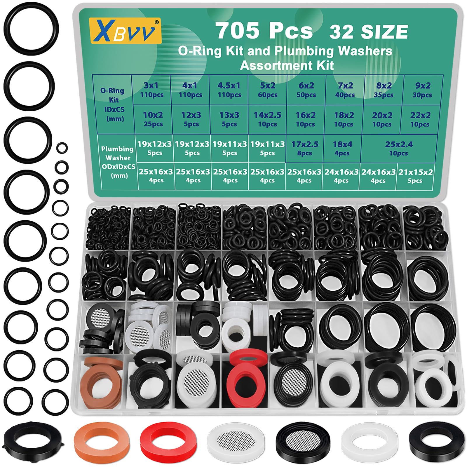 XBVV 32 Size 705 Pcs Plumbing Washers and O-Ring Kit 2-in-1 Rubber Gasket Assortment Kit for Faucet Spigot Garden Hose Pressure Washer Plumbing Repair