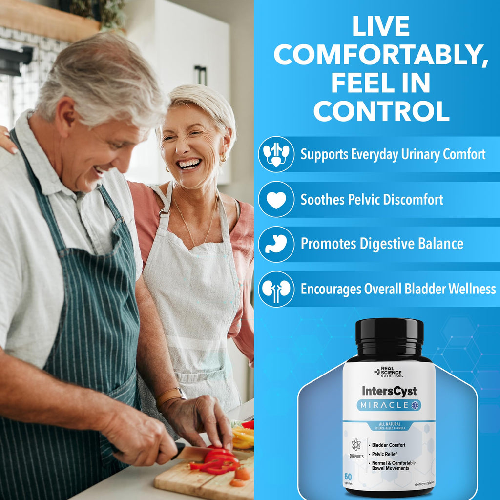 Real Science IntersCyst Miracle – All Natural Supplement for Interstitial Cystitis Relief and Constipation with Vitamins C, D, B12 & K + Nitric Oxide Support – Bladder & Kidney Health Support, 60 Caps