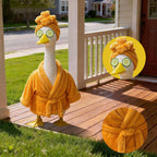 Yooxuned Spa Day Porch Goose Outfits for 23" Statue, Fits 17/23/29" Cement Plastic Geese, 3-Pc Plush Bathrobe, Spa Head Wrap & Cucumber Eye Set, Funny Patio Poolside Garden Decor Gift for Goose Lovers
