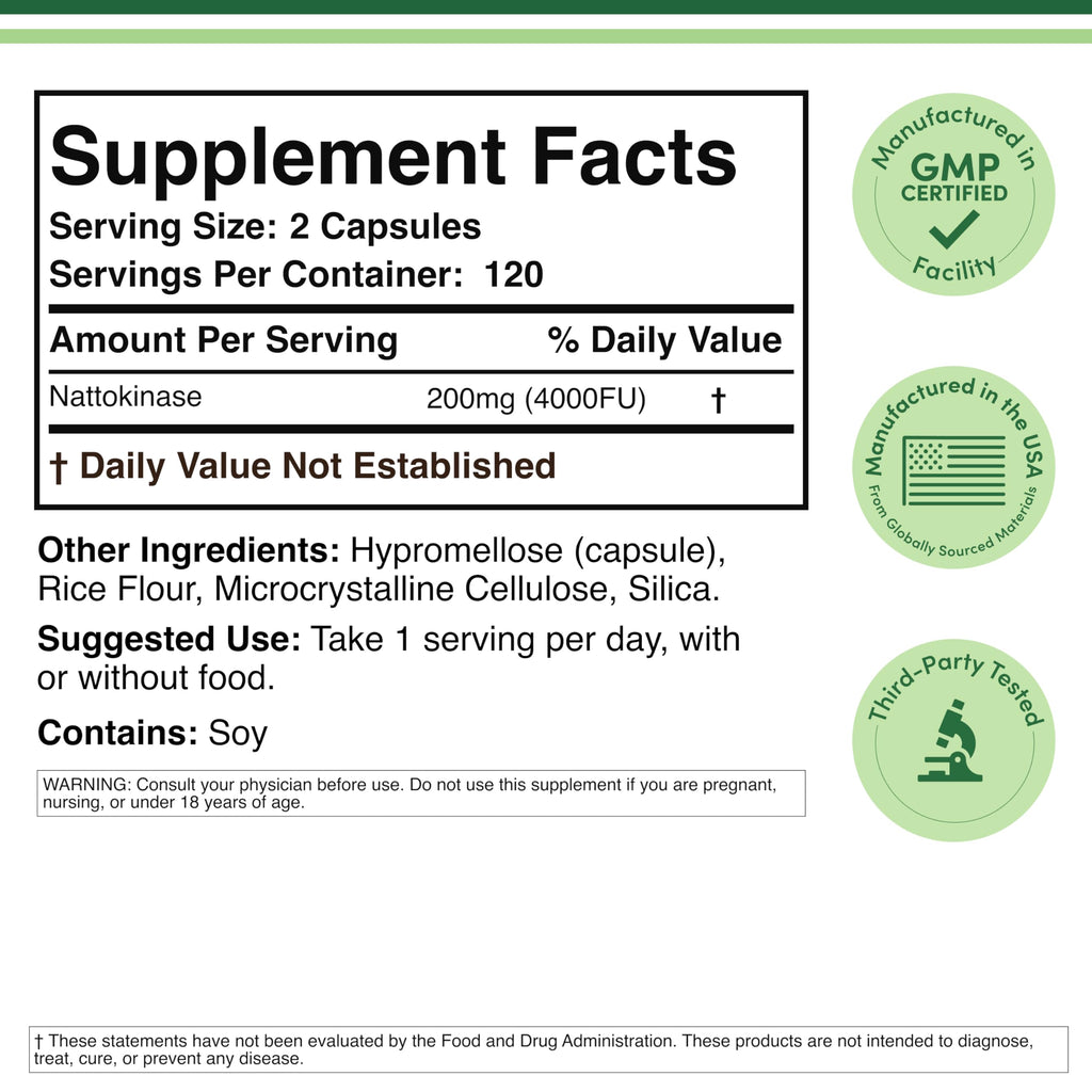 Nattokinase Supplement 4,000 FU Servings, 240 Capsules (Derived from Japanese Natto) Systemic Enzymes for Cardiovascular and Circulatory Support by Double Wood